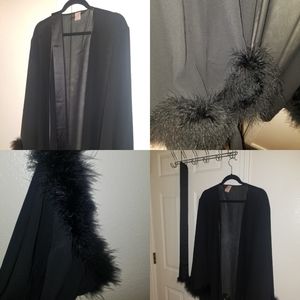 Bettie Page Size US 12 L Black and Feathered Sheer Mesh Robe & Belt